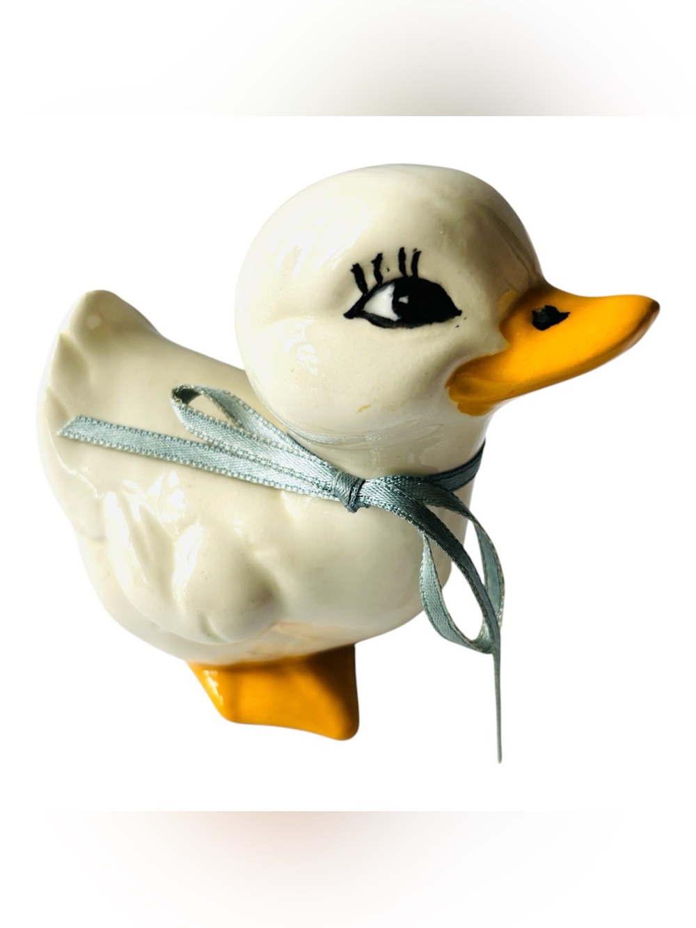 Cottagecore country duck figurine with blue ribbon 80s grandma duckling bird